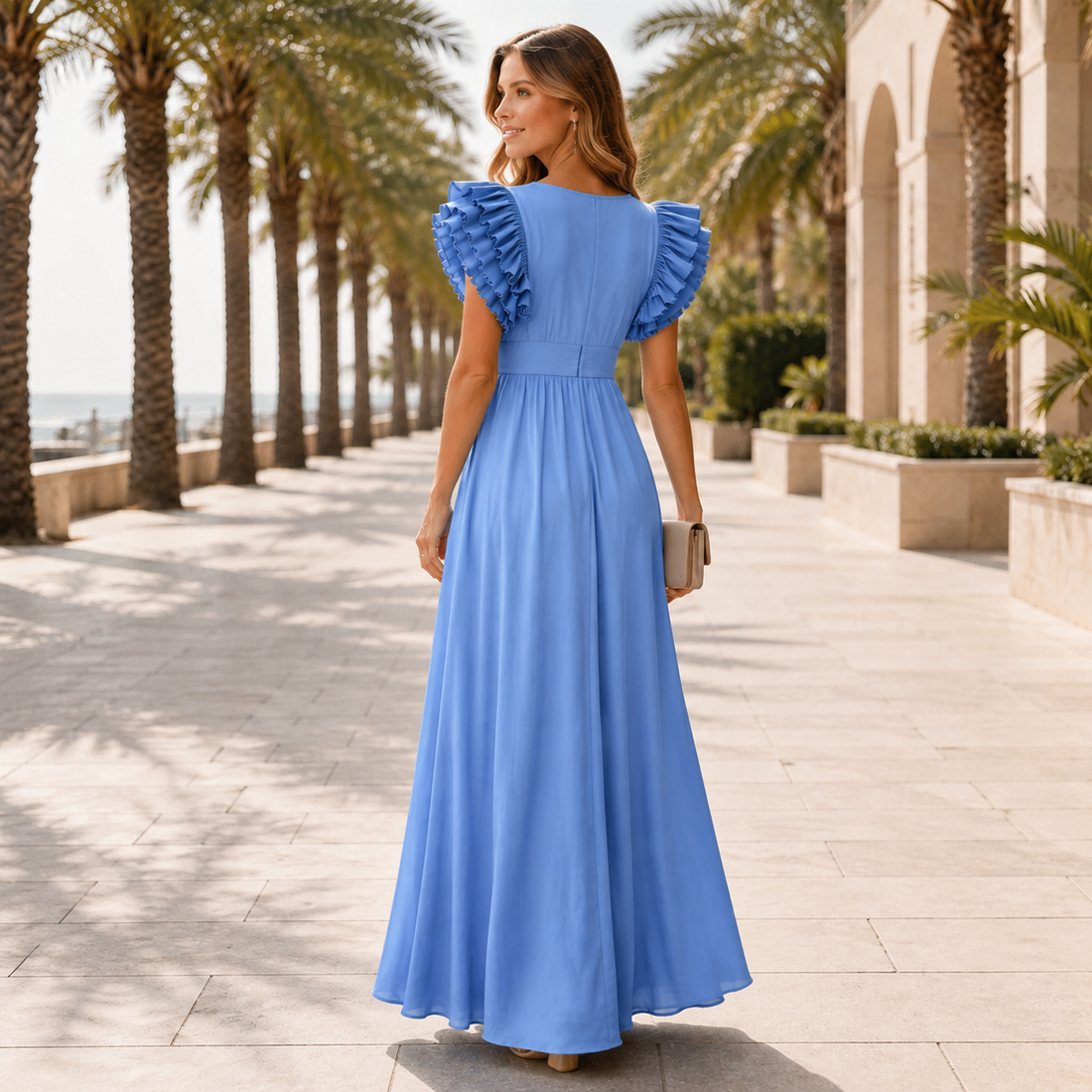 Zhallie - Vestido Largo Elegante con Mangas con Volantes
