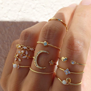 Anillo de moda Luna y estrella - 10 piezas