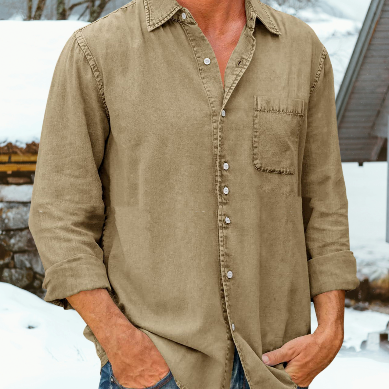 Bronislaw - Camisa casual lisa de manga larga para hombres