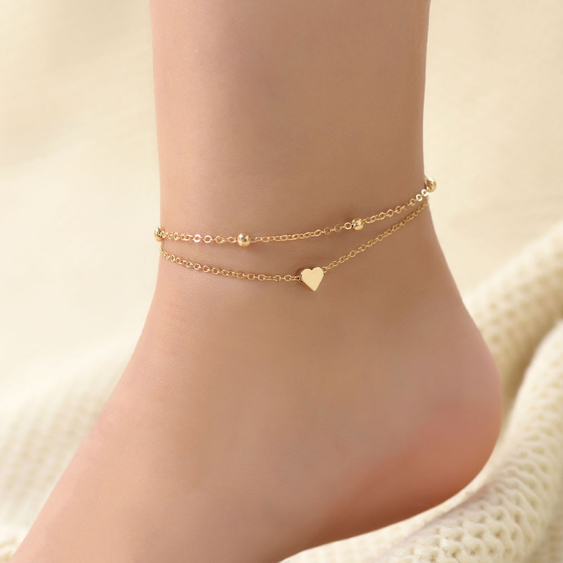 Pulsera de tobillo en miniatura con forma de corazón - Pulsera de amor de doble capa