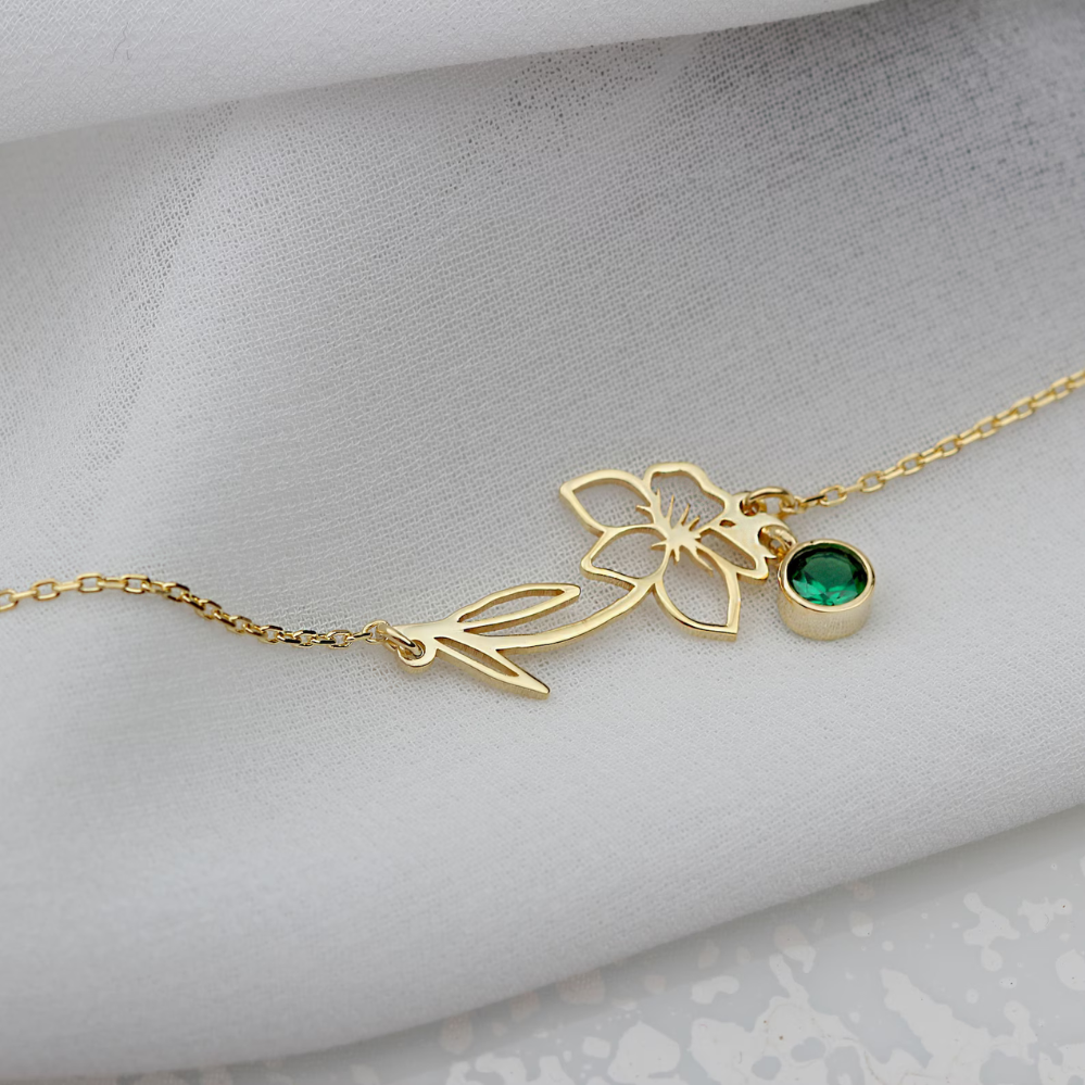 Pulsera Floral de Cumpleaños - Pulsera con Piedra del Mes y Flor