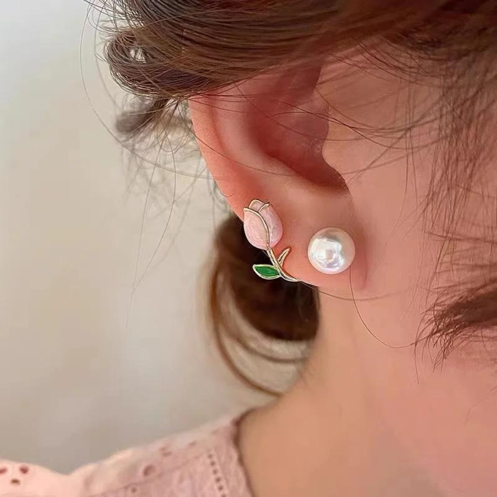 Pendientes de perlas en forma de tulipanes - Pendientes de perlas de flores moradas