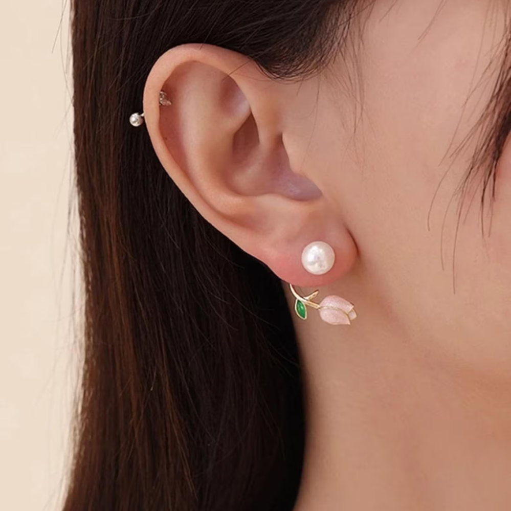 Pendientes de perlas en forma de tulipanes - Pendientes de perlas de flores moradas