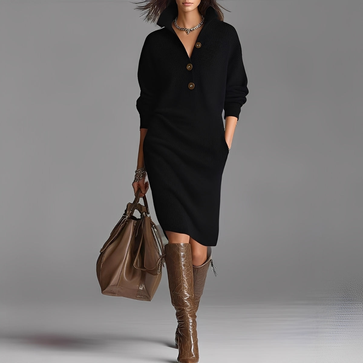 Camryn - Vestido de manga larga con botones y cuello para mujer