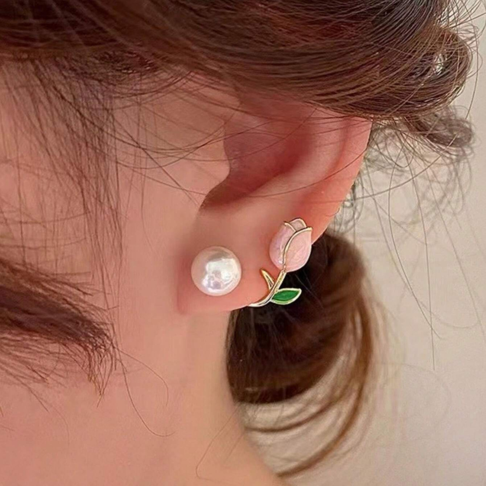 Pendientes de perlas en forma de tulipanes - Pendientes de perlas de flores moradas