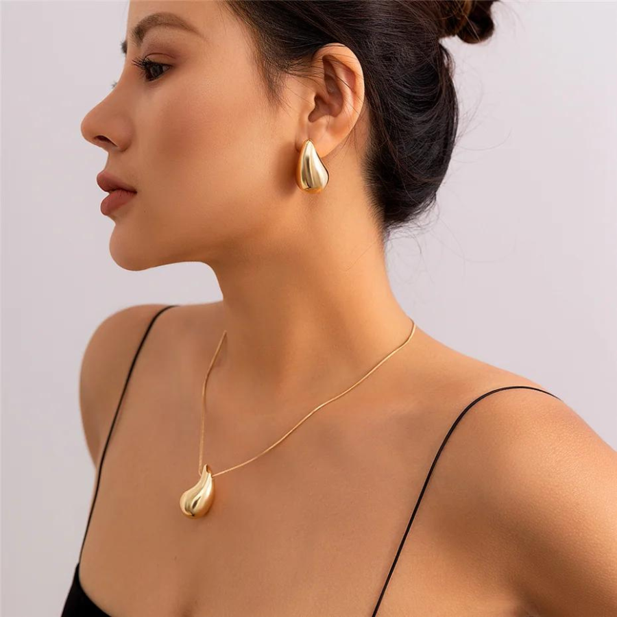 Collar grande de gotas de agua - Collar dorado con colgante de gota de agua