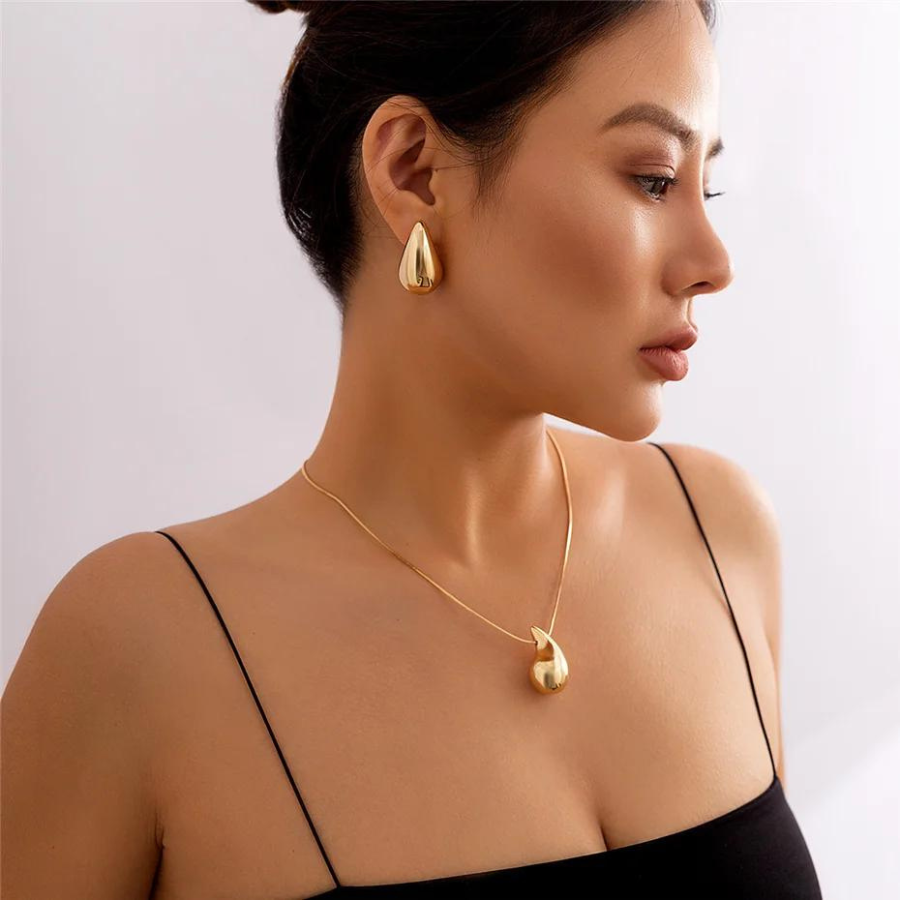 Collar grande de gotas de agua - Collar dorado con colgante de gota de agua
