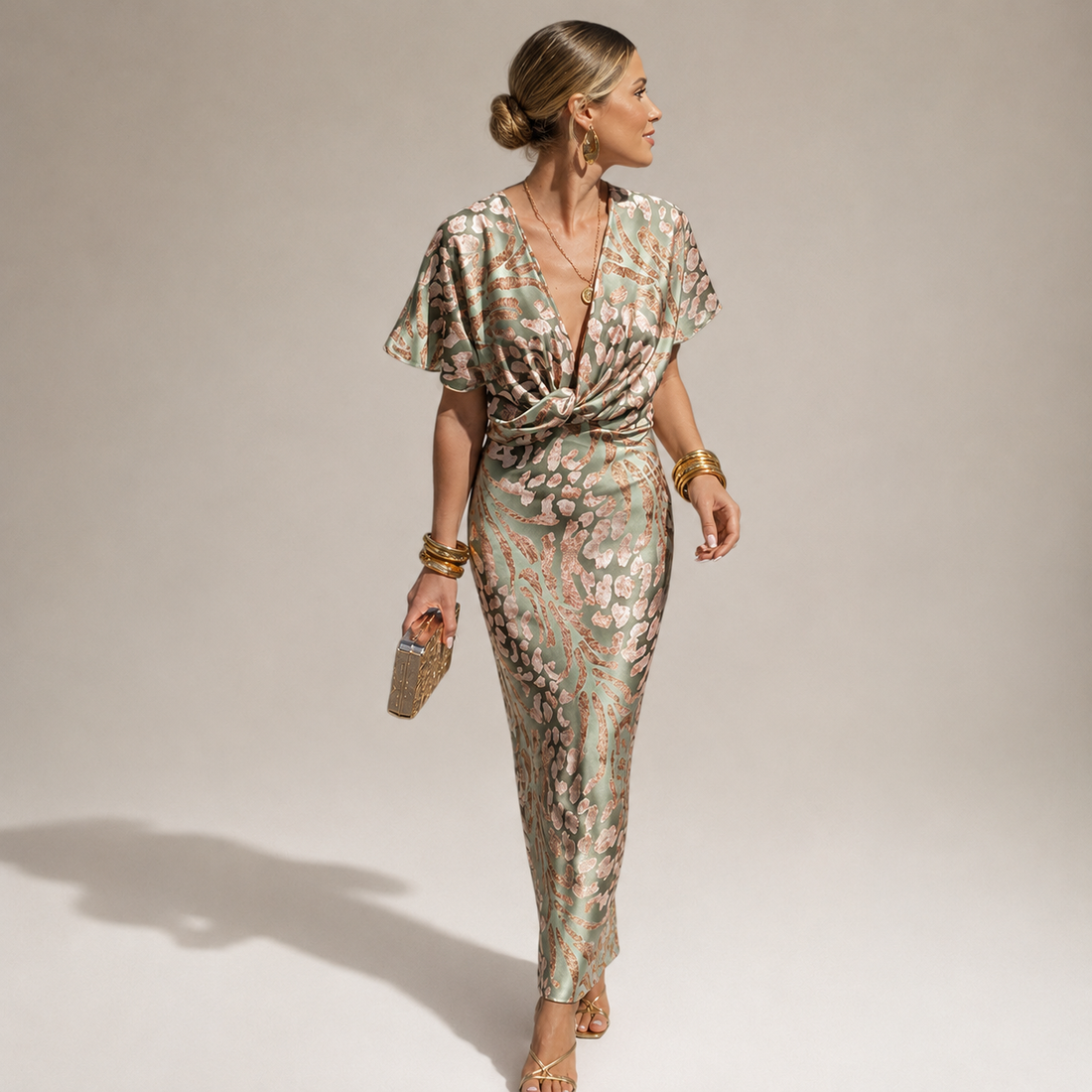 Teodora - Vestido maxi glamuroso con escote en V para mujer