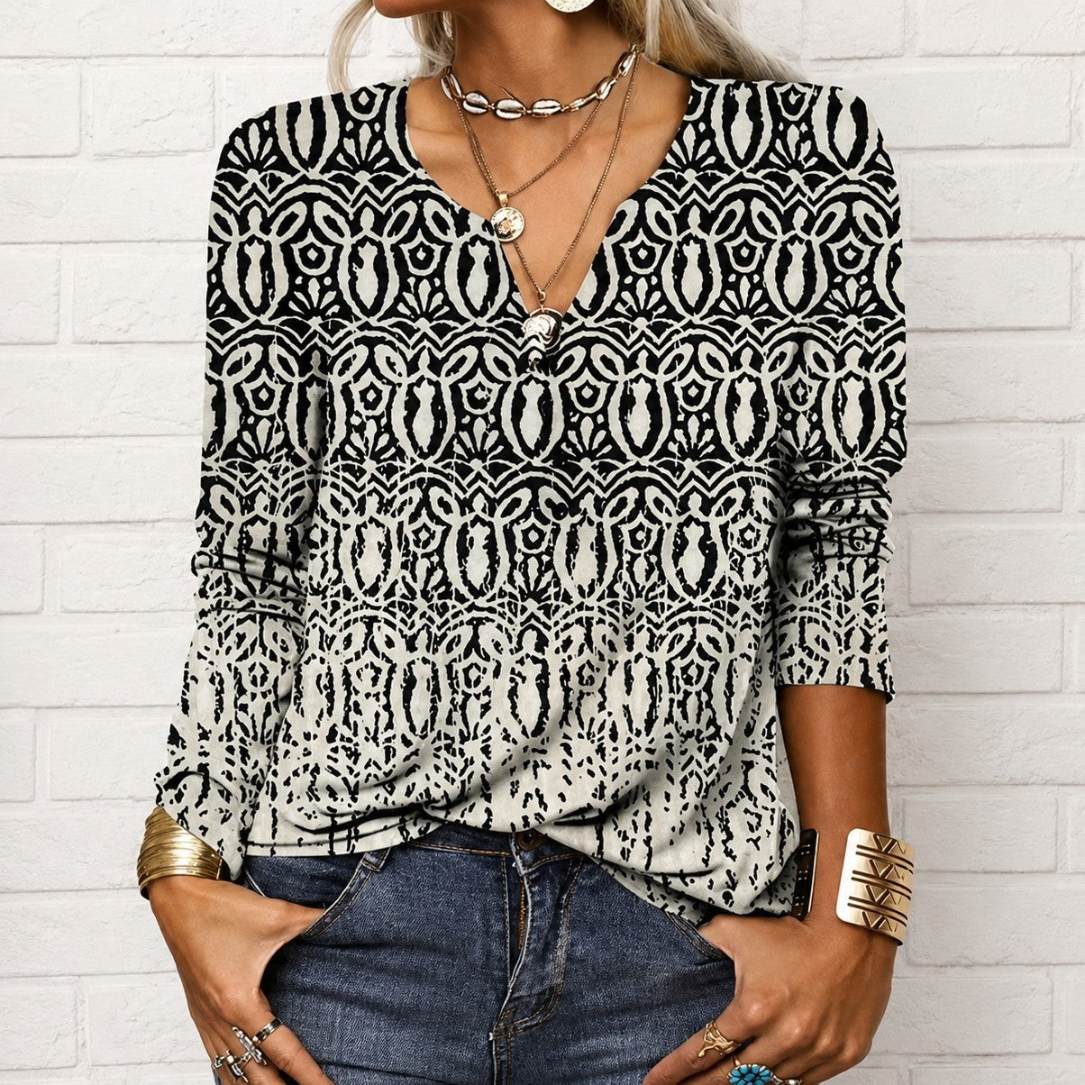 Katharina - Blusa estilo boho con mangas largas y cuello en V