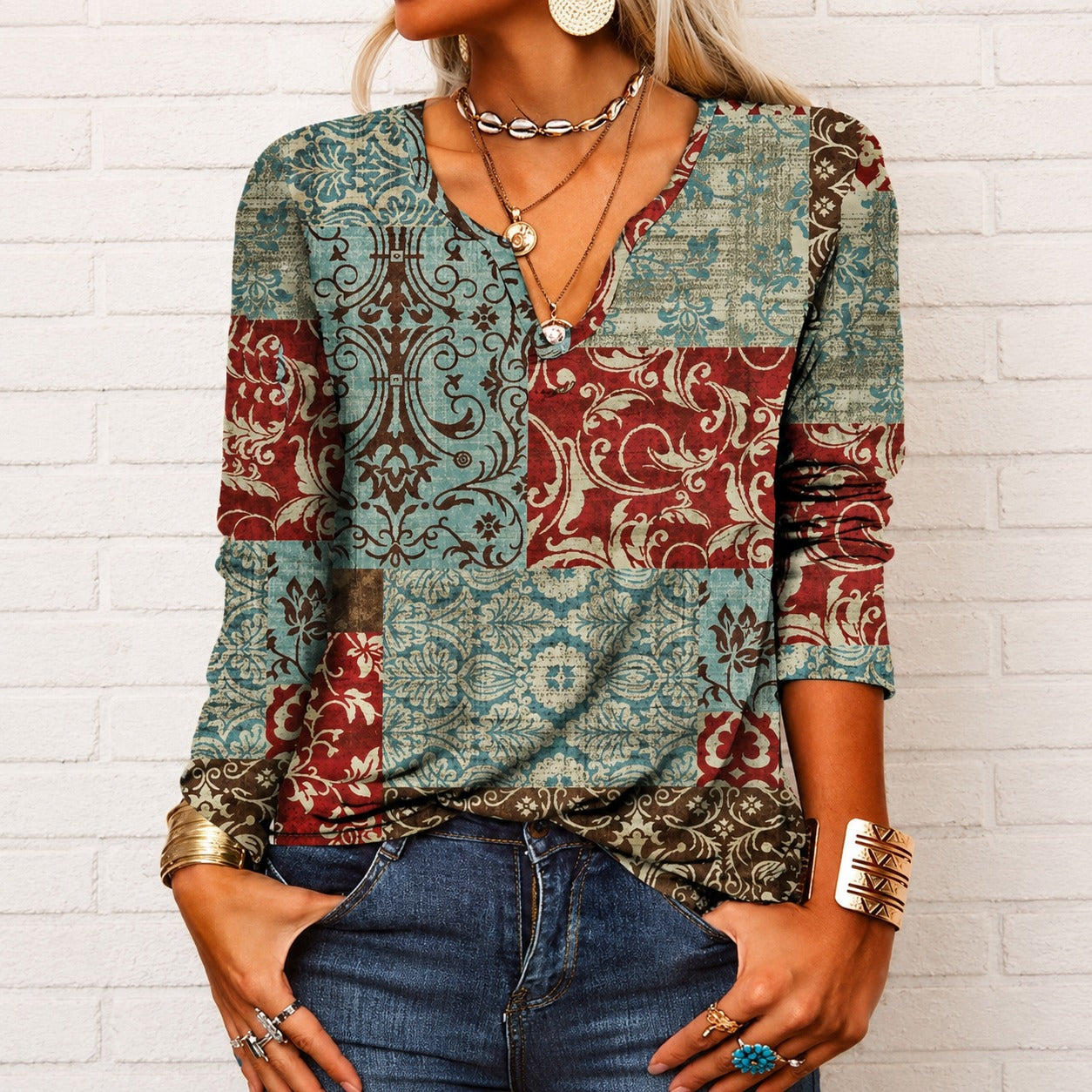 Katharina - Blusa estilo boho con mangas largas y cuello en V