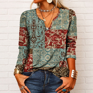 Katharina - Blusa estilo boho con mangas largas y cuello en V