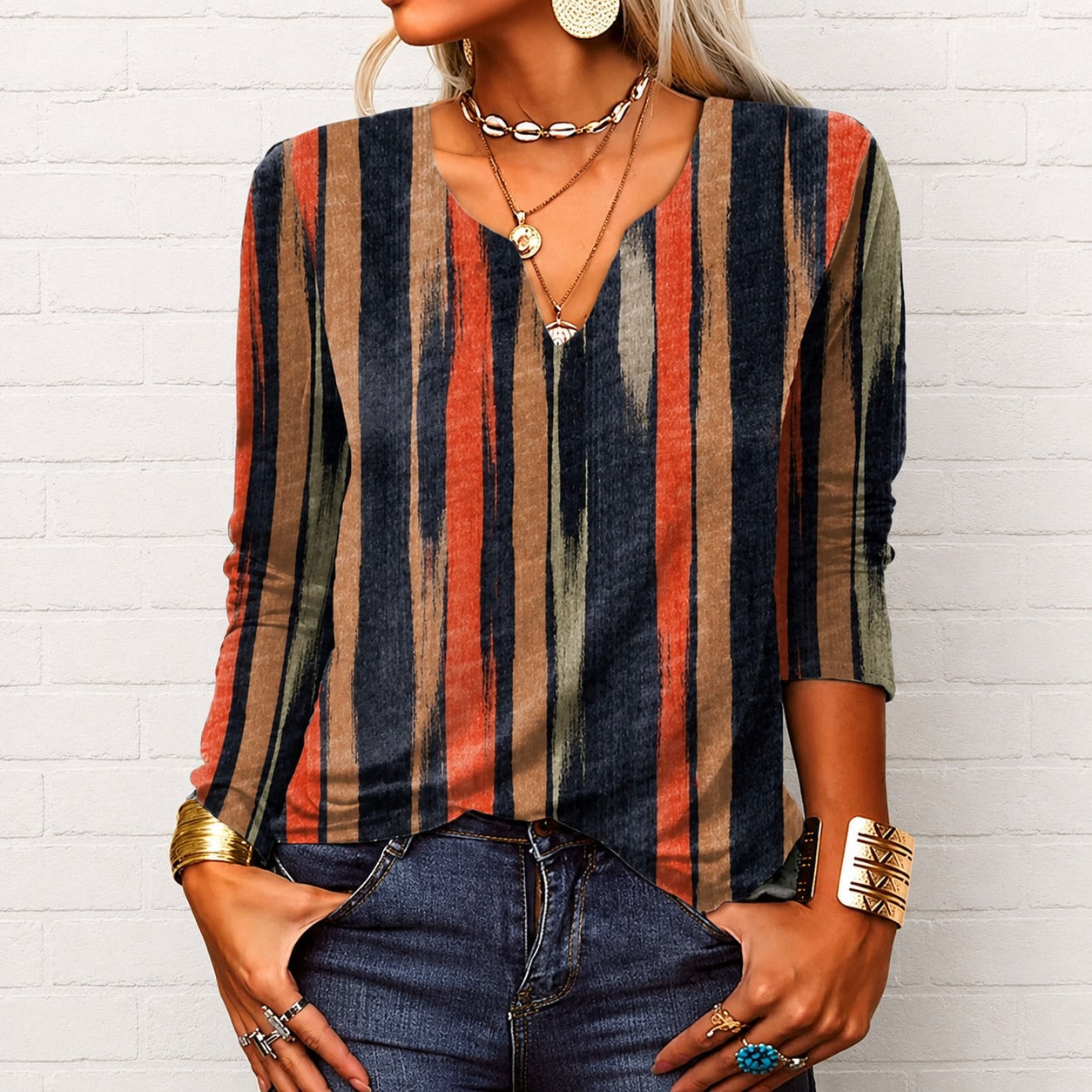 Katharina - Blusa estilo boho con mangas largas y cuello en V