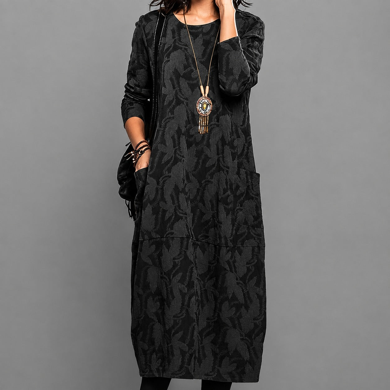 Alisha - Vestido midi estampado con mangas largas