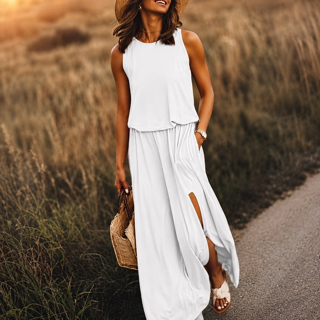 Edna - Vestido boho casual maxi de modal