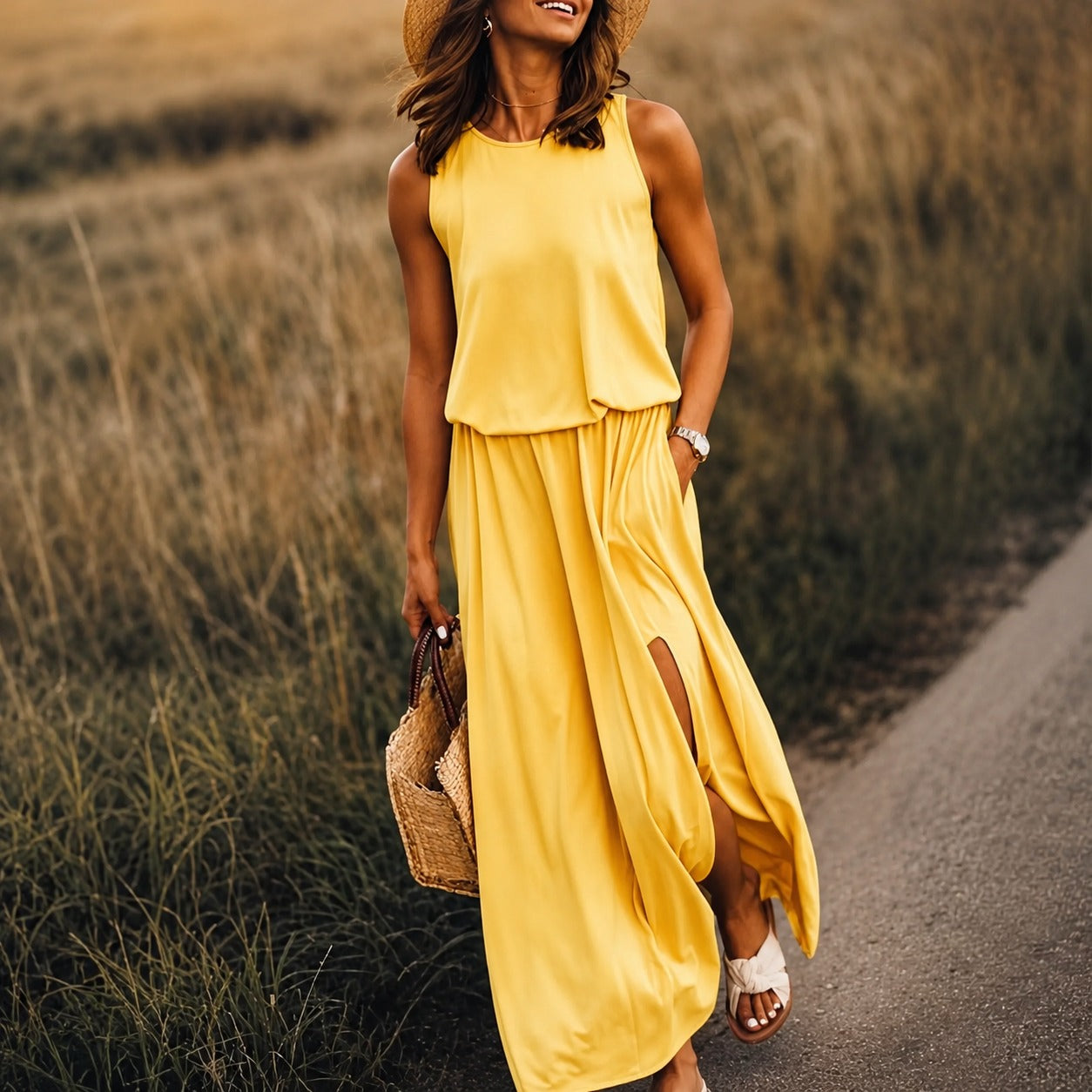 Edna - Vestido boho casual maxi de modal
