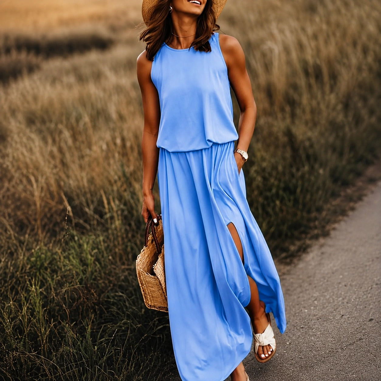 Edna - Vestido boho casual maxi de modal