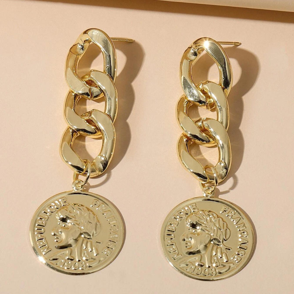 Pendientes de cadena con monedas - Pendientes dorados