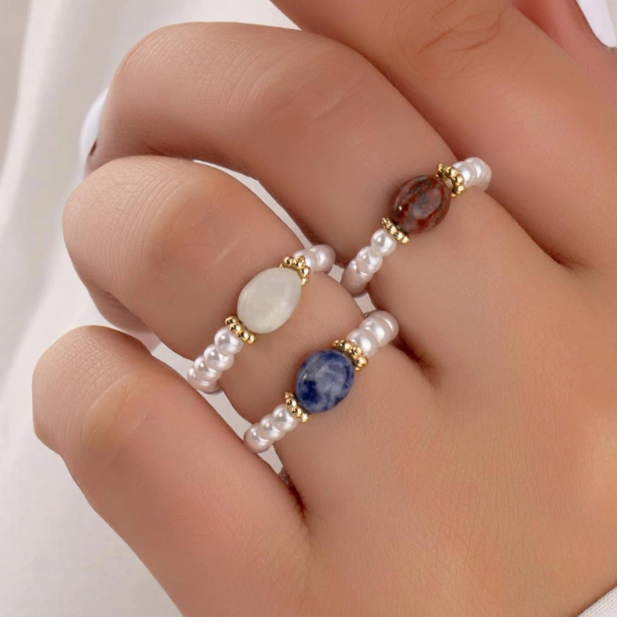 Perla de piedra - Anillo de perlas retro