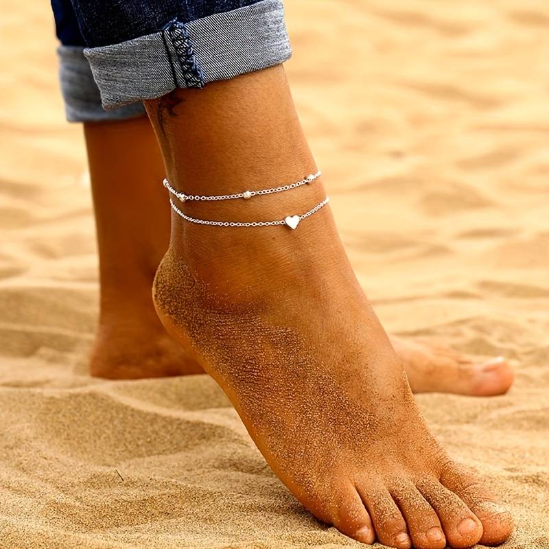 Pulsera de tobillo en miniatura con forma de corazón - Pulsera de amor de doble capa
