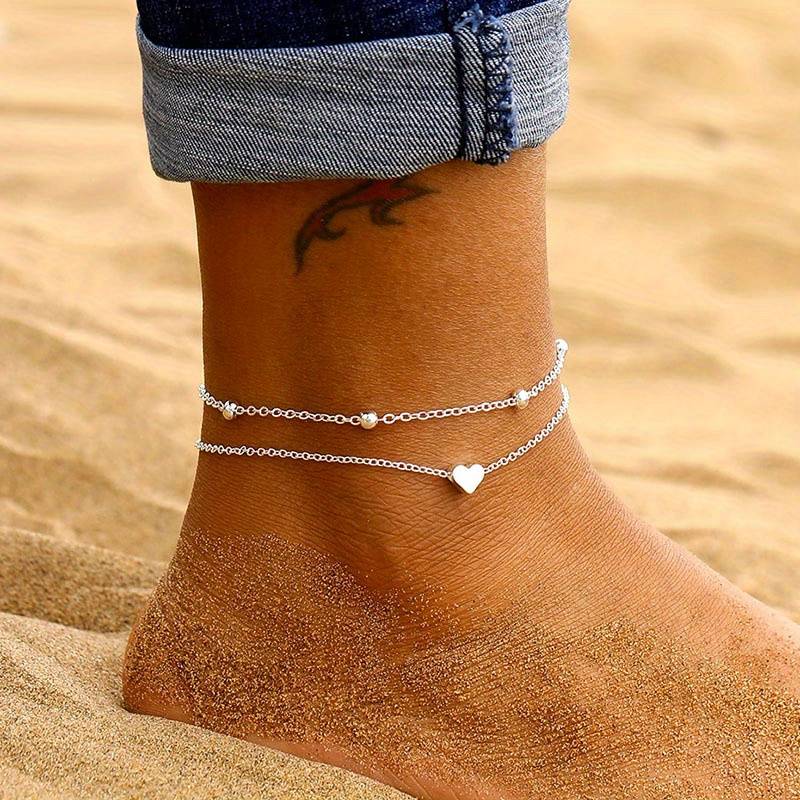 Pulsera de tobillo en miniatura con forma de corazón - Pulsera de amor de doble capa