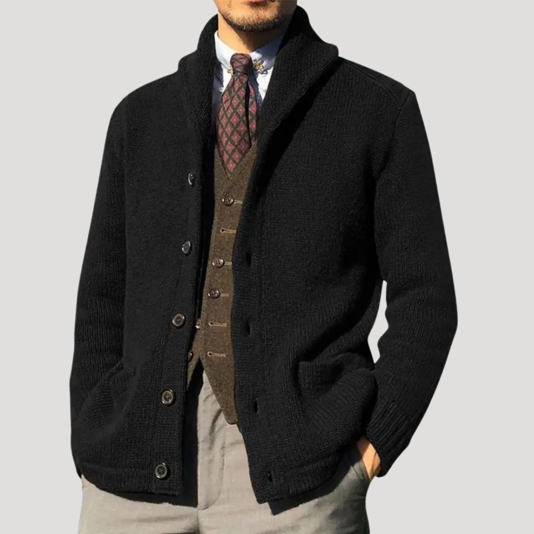 Cardigan de hombre con cuello shawl, cierre de botones y parches en los codos