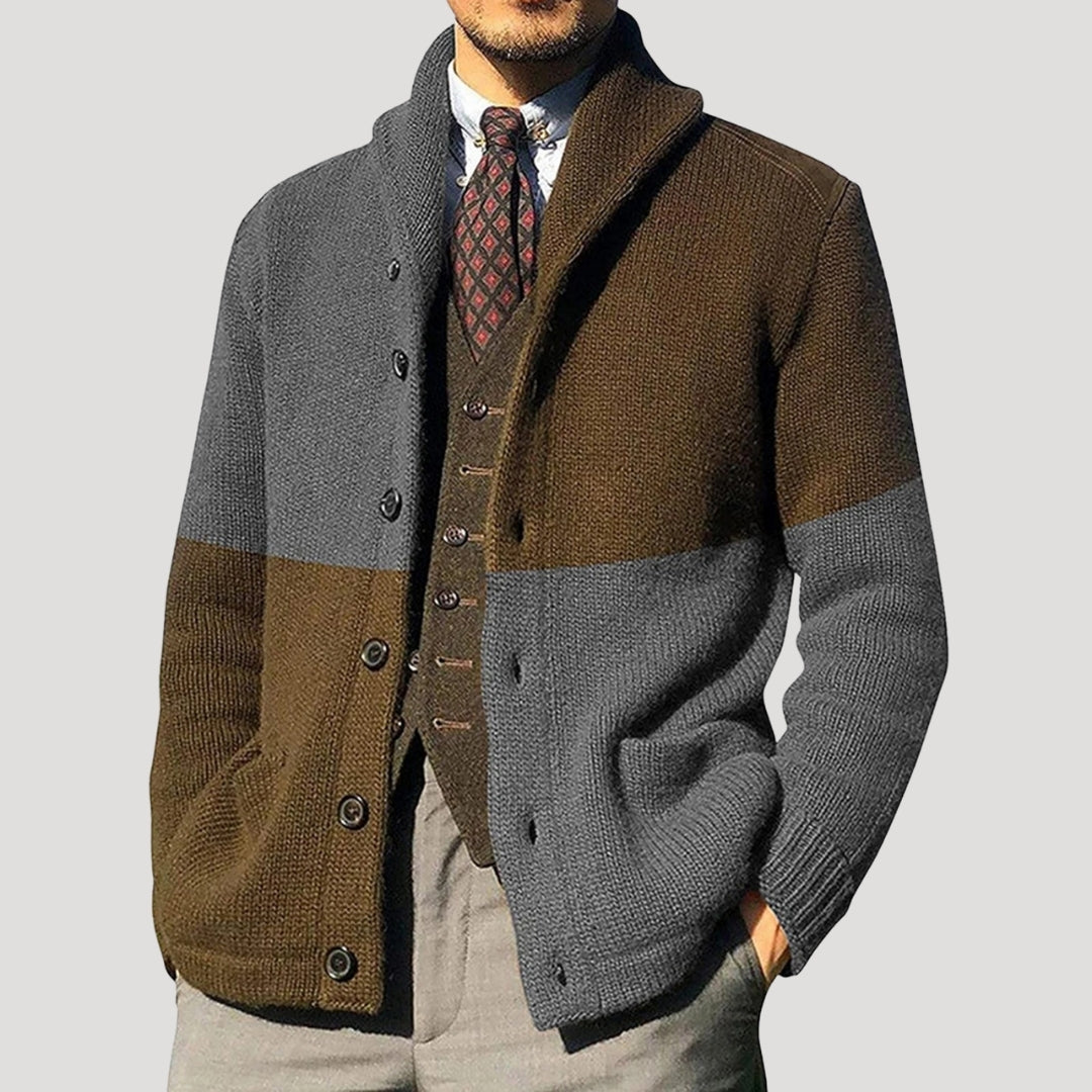 Cardigan de hombre con cuello shawl, cierre de botones y parches en los codos