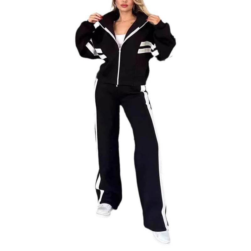 Chándal de dos piezas para mujer con chaqueta con cremallera y pantalones de pierna ancha