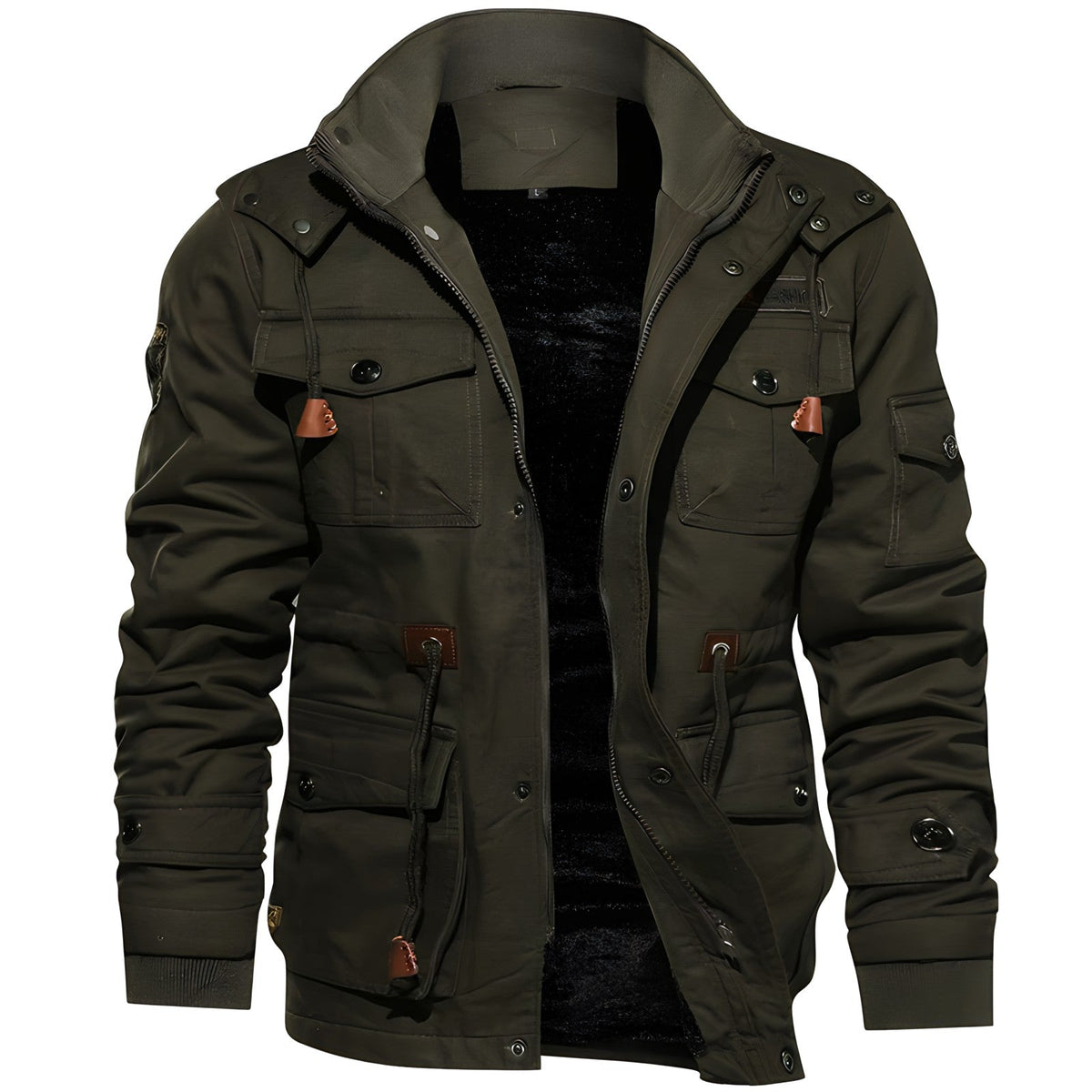 Chaqueta militar para hombre - Múltiples bolsillos, cierre de botones y cremallera, ajuste estructurado