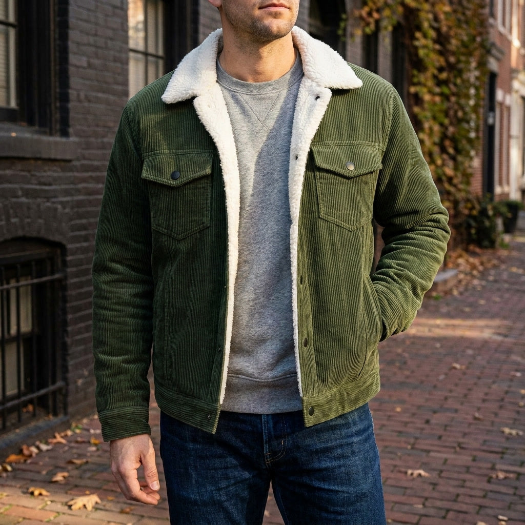 Chaqueta para hombre con cierre de botones, cuello reverso y bolsillos laterales