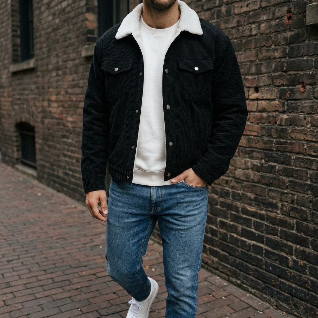 Chaqueta para hombre con cierre de botones, cuello reverso y bolsillos laterales