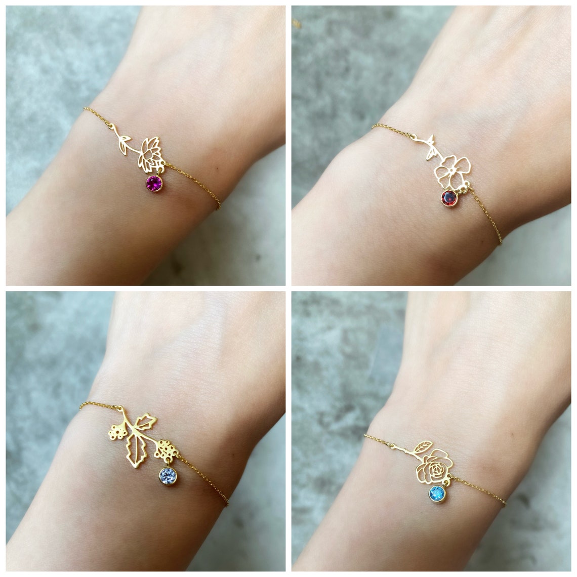 Pulsera de flores de nacimiento - Pulsera de gema de nacimiento