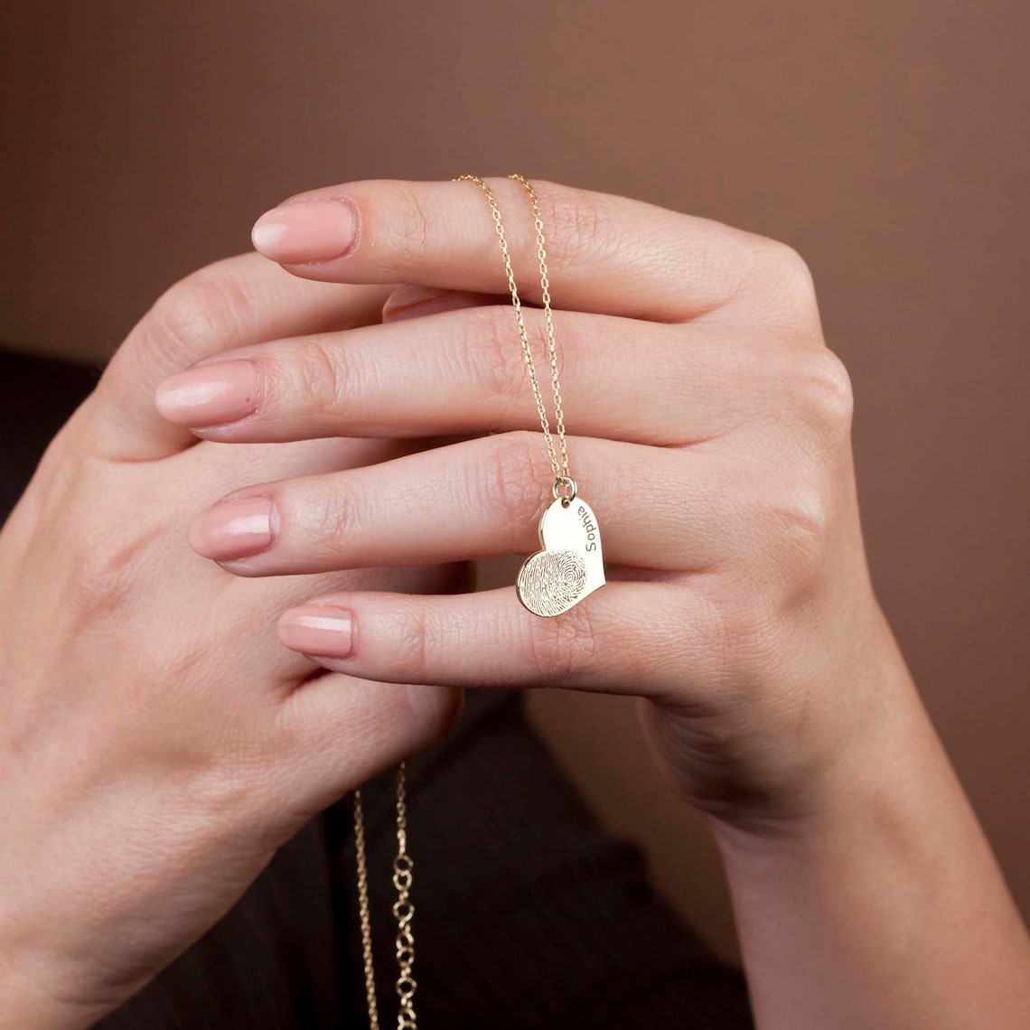 Collar con forma de corazón - Huella dactilar y nombre personalizado