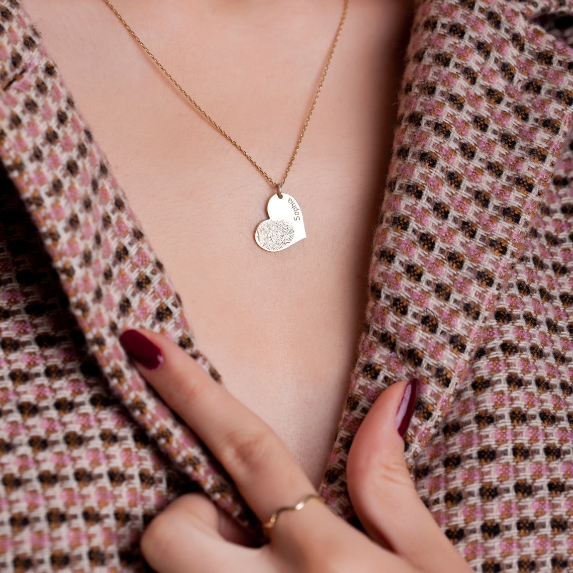 Collar con forma de corazón - Huella dactilar y nombre personalizado