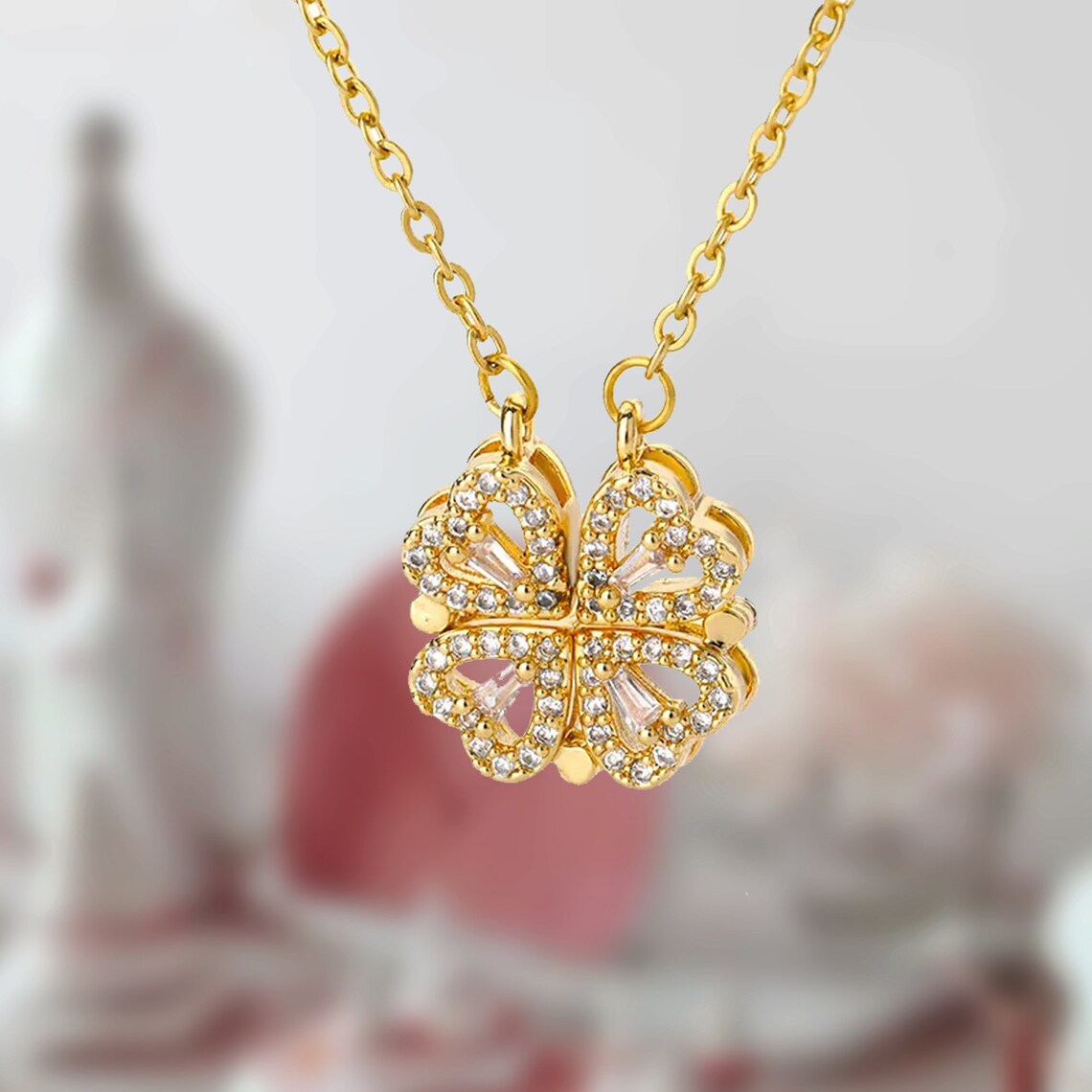 Collar de trébol de cuatro hojas - Collar magnético con forma de corazón