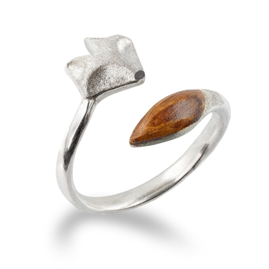 Anillo regulable de madera - Anillo con cara de zorro en tono plateado