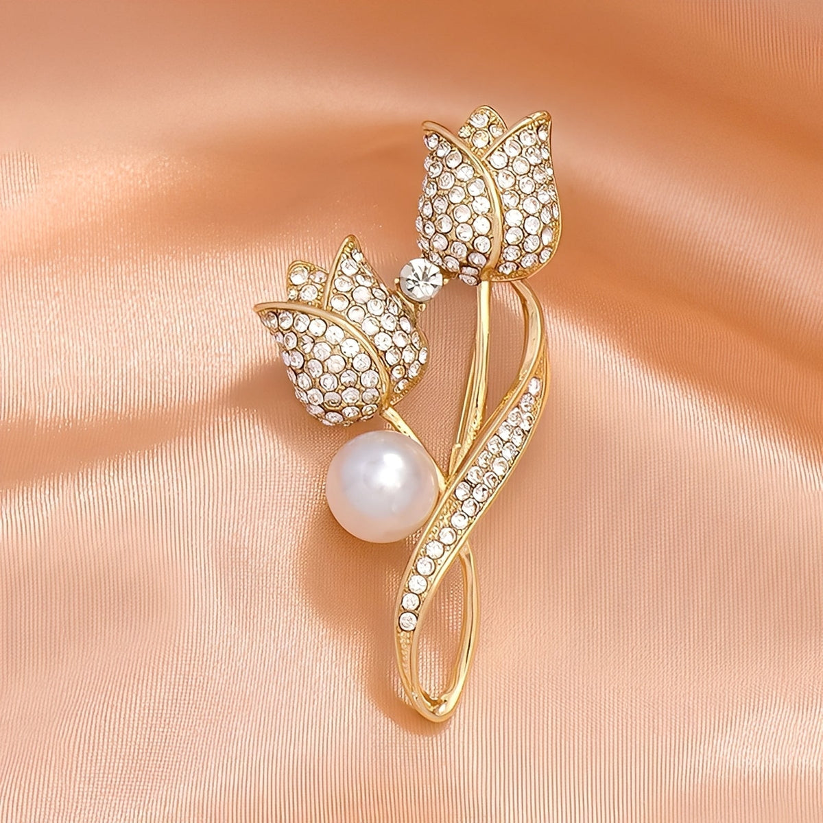 Jackie – Broche dorado en forma de tulipán con circonio y perla, oro