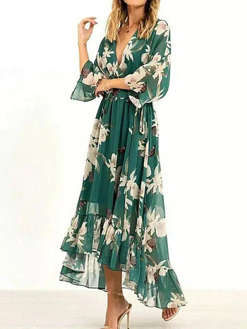 Riri - Vestido maxi verde con cuello en V, mangas tres cuartos