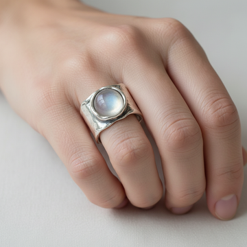 Helga – Anillo de metal plateado y piedra lunar