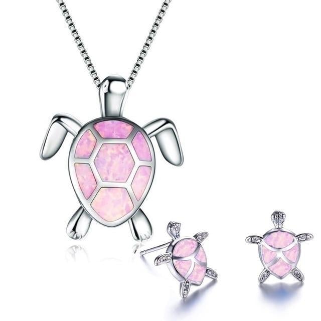 Kailea – Conjunto de joyas de tortuga de ópalo y plata (collar + pendientes)